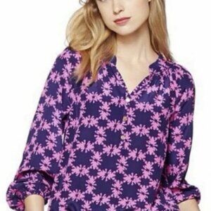 Lilly‎ Pulitzer Get Hoppy Frog Top Navy Pink Frogs 100% silk Large